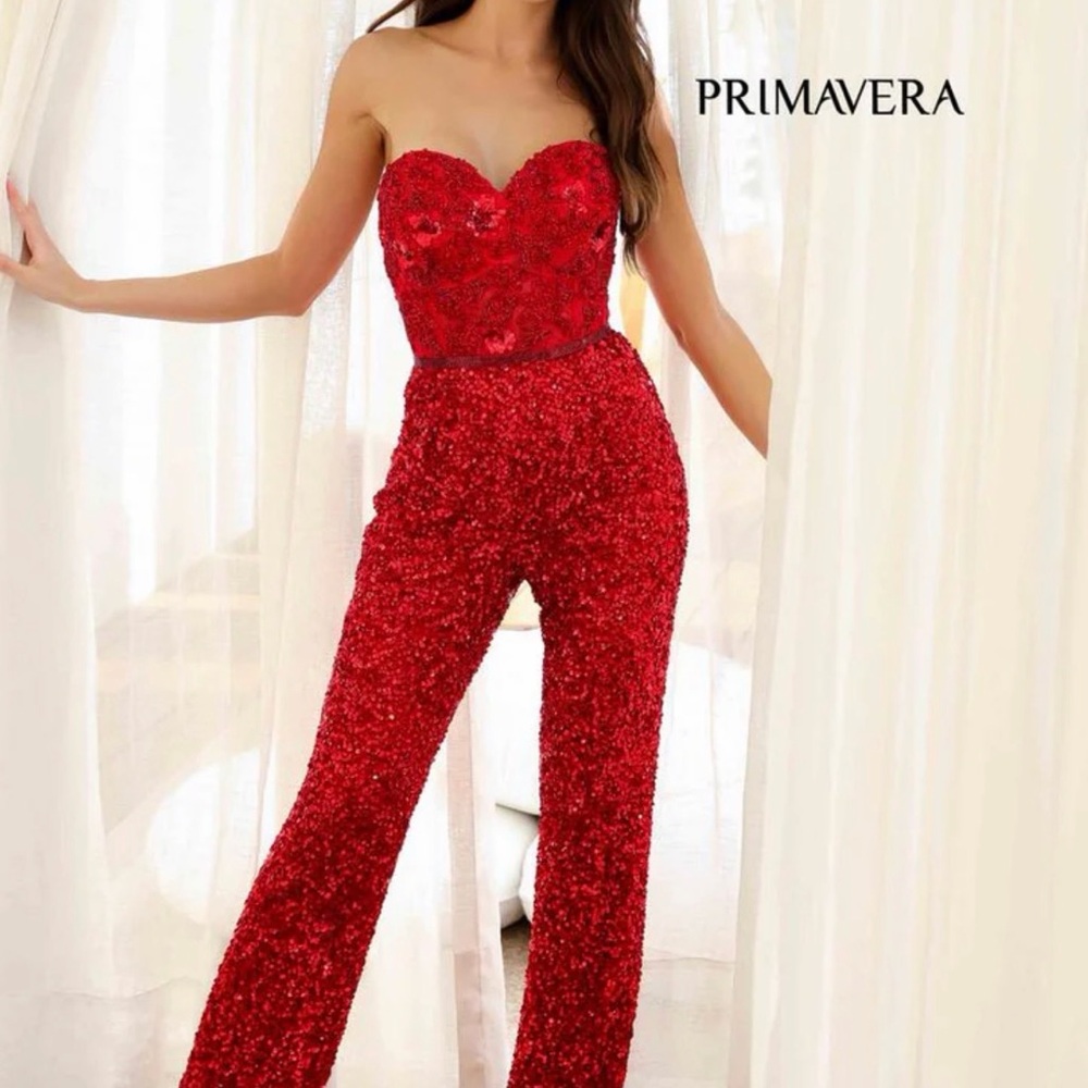 Primavera Red Sequin Strapless Jumpsuit